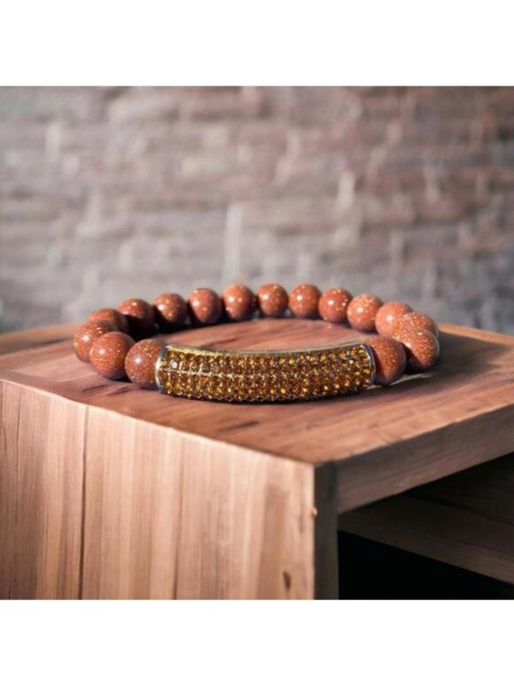 NEW Gold Sandstone Beaded Bracelet with Amber Rhinestone Accent